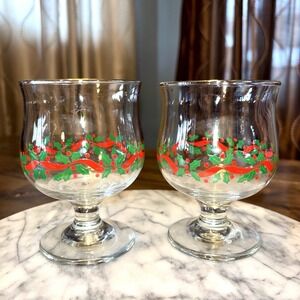 2pc VTG Libbey 4.5" Giblets Holly Ribbon Gold Rimmed Christmas Holiday Glasses